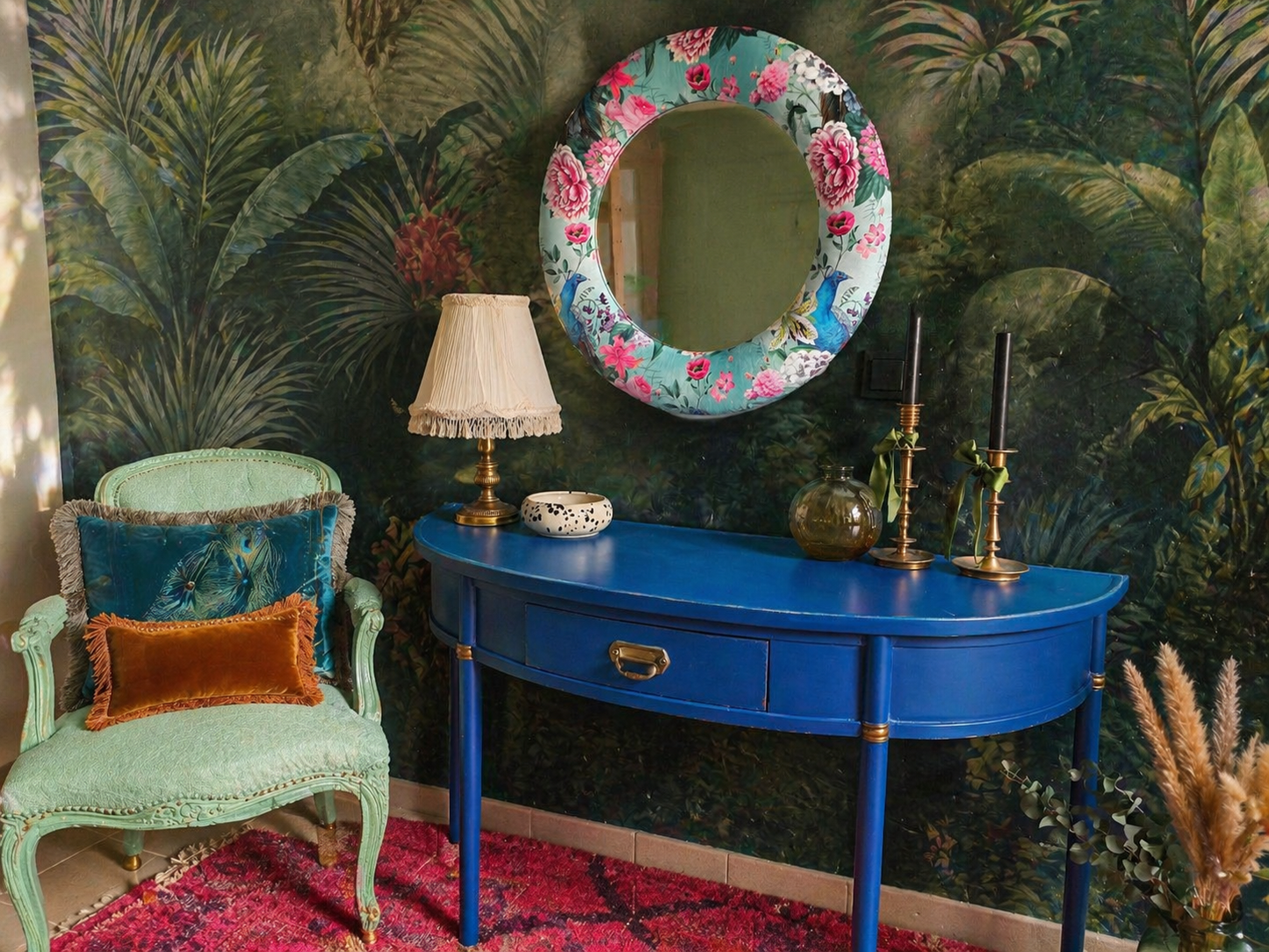 Maximalist Spring Floral Mint Rose velvet mirror