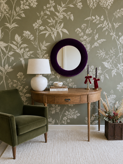 Deep plum aubergine velvet round wall mirror 60cm styled on dark wall with brass console table