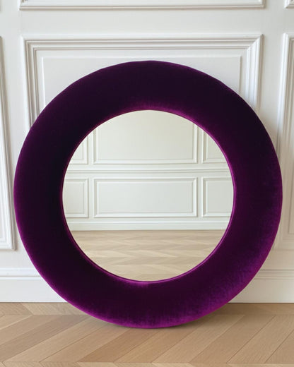 Close up of deep purple silk velvet mirror frame showing pile and sheen