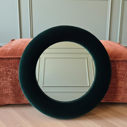 Emerald Green Velvet Mirror, Round Jewel Tone Wall Decor, Dark Forest Green Upholstered mirror, Maximalist Vanity, Dramatic moody styling