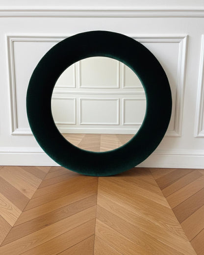 Emerald Green Velvet Mirror, Round Jewel Tone Wall Decor, Dark Forest Green Upholstered mirror, Maximalist Vanity, Dramatic moody styling
