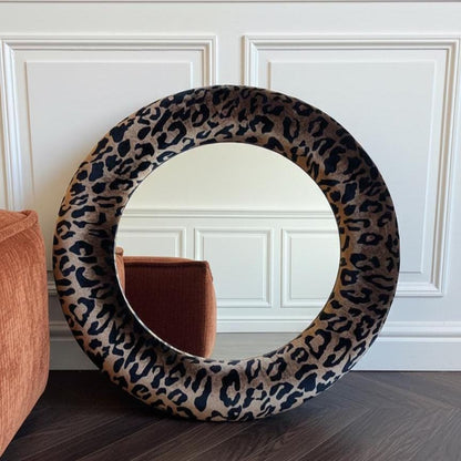 Leopard Mirror, Silk velvet wall art, Glamour Art, Round upholstered mirror, Jaguar print, Animal Print Decor, Dramatic Art, Dopamine decor