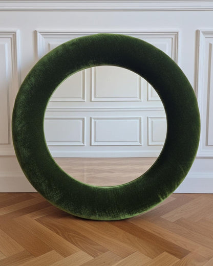 Olive Green Velvet Mirror, Vintage Velvet, Moss Green Wall Decor, Boho Maximalist, Upholstered silk velvet, Bedroom Vanity, Vignette mirror