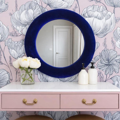 Royal blue velvet mirror, Lounge interiors, tactile, boutique decor, maximalist wall hanging, upholstered mirror, vanity styling