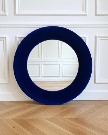 Royal blue velvet mirror, Lounge interiors, tactile, boutique decor, maximalist wall hanging, upholstered mirror, vanity styling