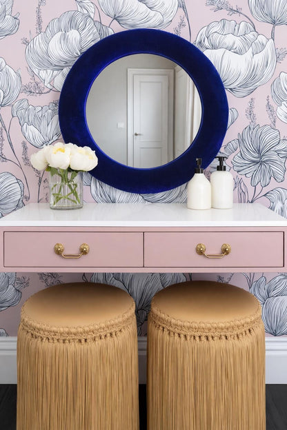 Royal blue velvet mirror, Lounge interiors, tactile, boutique decor, maximalist wall hanging, upholstered mirror, vanity styling