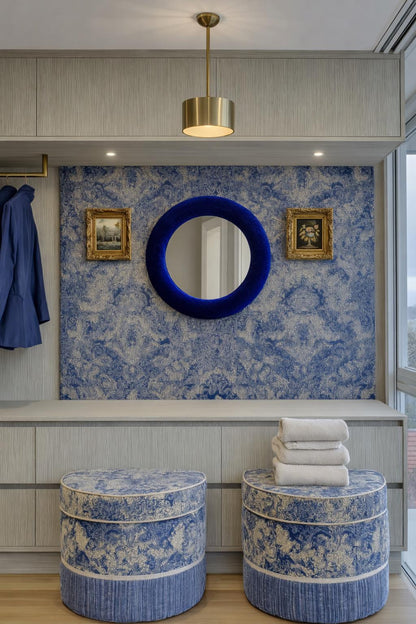 Royal blue velvet mirror, Lounge interiors, tactile, boutique decor, maximalist wall hanging, upholstered mirror, vanity styling