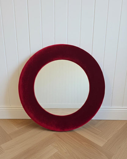 Silk Velvet Mirror, Wine Red mirror, Moody Decor, Boutique Decor, Boudoir decor, velvet decor, vignette styling, jewel red, Vintage wall art