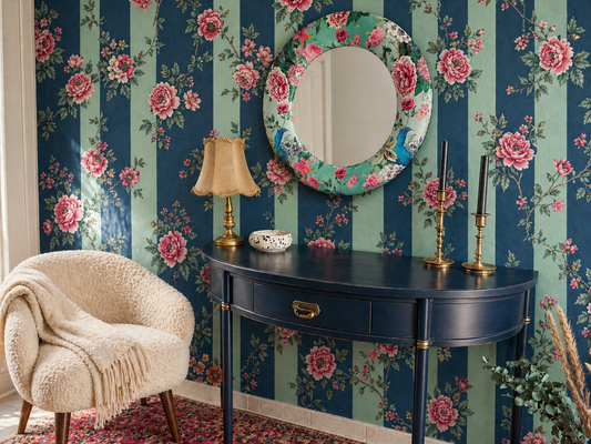 Mint rose floral velvet round wall mirror 60cm styled in botanical maximalist interior